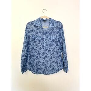 Womens Blue Floral Button Up Blouse Size Small Semi Sheer Cotton Boho Preppy